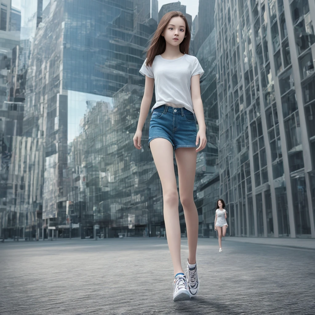 A girl walking,full body seen,hyper realistic,building background,realistic human like,beautiful legs