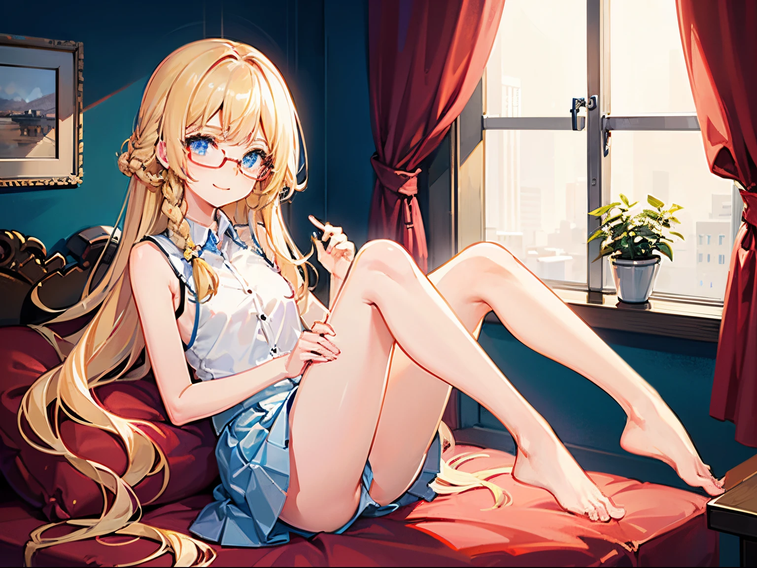 Blonde Girl, s old,Small body, blue eyes, long-haired,Braid left and right, Wear glasses, Wear a blue sleeveless shirt......button up. White short skirt, sitting on the bed,......, Show off your legs.........With a slightly smiling face.........