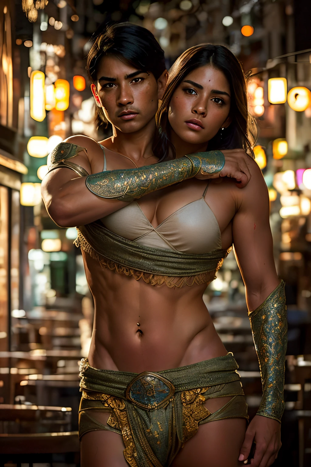 (((2heads))),1man, a young mexican, no facial hair, speedo,no body hair, feminine face, ((big bulge;1.5)), in a traditional Mexican town plaza, dreamy atmosphere, dark yellow and red, i can't believe how beautiful this is, serene atmosphere, epic realistic,illustrated by herg, style of tin tin comics, pen and ink,art by greg rutkowski and artgerm, soft cinematic light,hdr, intricate, highly detailed, (depth of field:1.4), faded, (neutral colors:1.2), (hdr:1.4), (muted colors:1.2), hyperdetailed, (artstation:1.4), cinematic, warm lights, dramatic light, (intricate details:1.1), complex background, (rutkowski:0.66), (teal and orange:0.4), (intricate details:1.12), hdr, (intricate details, hyperdetailed:1.15) (skin texture:1.2)