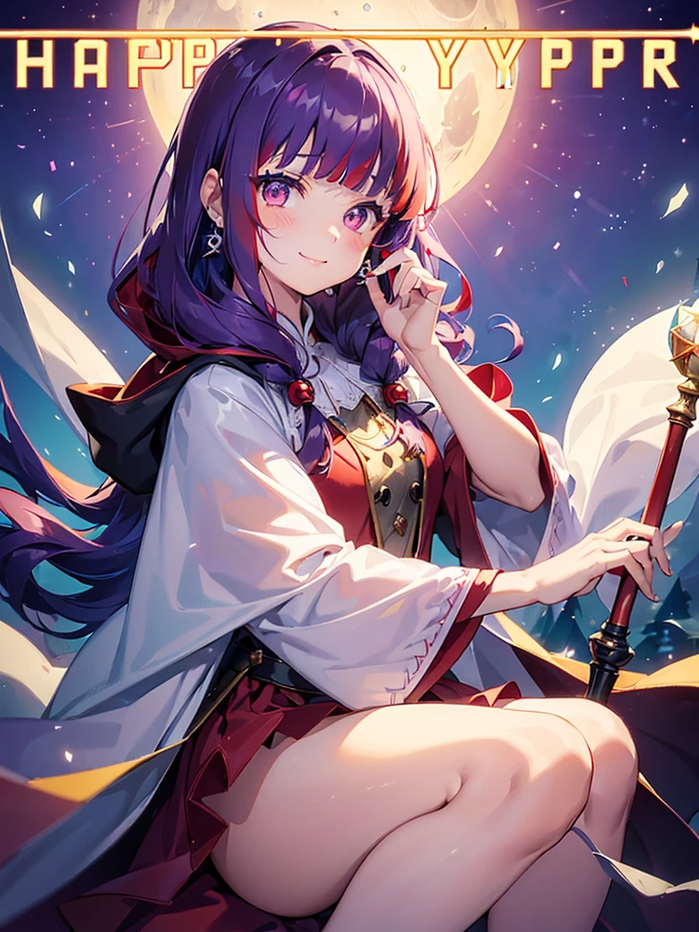((((Princess of Moonberg)))), ((1little girl)), ars, ((drooing eyes)),(((deep purple hair))), ((Blunt bangs)), (Fluffy long hair), (Deep red eyes), Pearl earrings,
((((red hood)))), (Lotto emblem on hood), (((Red Stall))), ((White robe with red edging)),
Holding a magic staff in her left hand, full bodyesbian, Super detailed shots, The Magic of Blizzard, a smile, HAPPY NEW YEAR!,