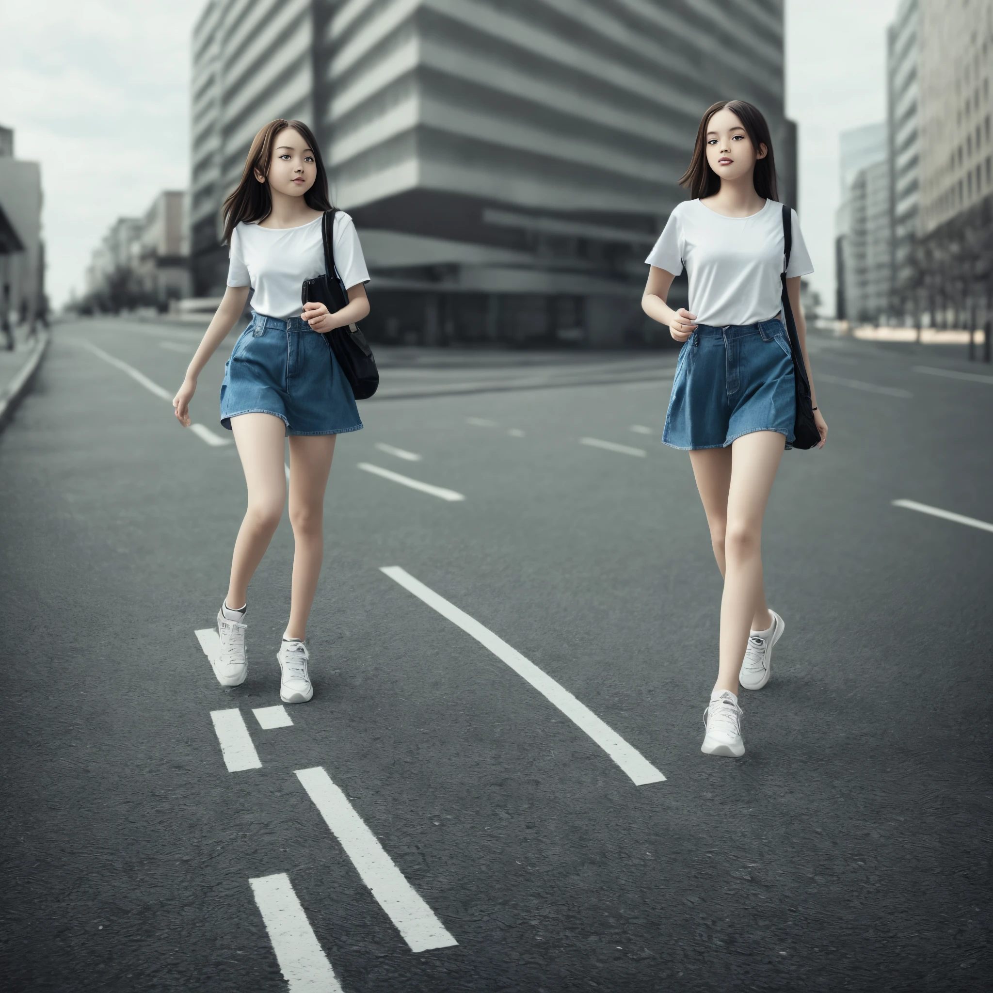 A girl walking,full body seen,hyper realistic,building background,realistic human like,beautiful legs