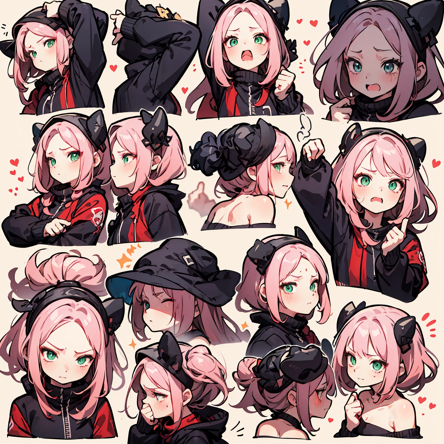 1girl,pink hair,Green eyes,chibi,Happy,sad,cry, somber,joy, expressionless, energetic,joy, angry,