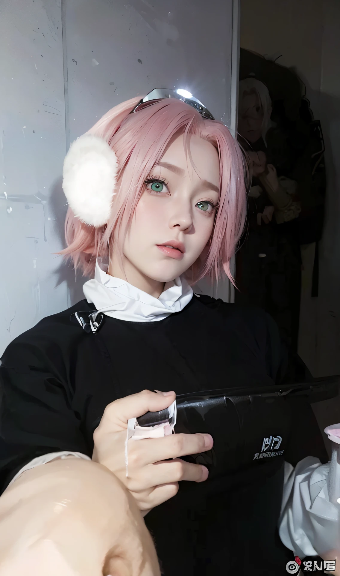 Real life adaption of this character,her name is sakura haruno from anime Naruto,she has a realistic same pink hair with a red headband, realistic same outfit, realistic same apron, beautiful korean  face, she has green eyes color, realistic light, realistic shadow, realism, hyper realistic,(photorealistic:1.2), realistic background , details eyes,