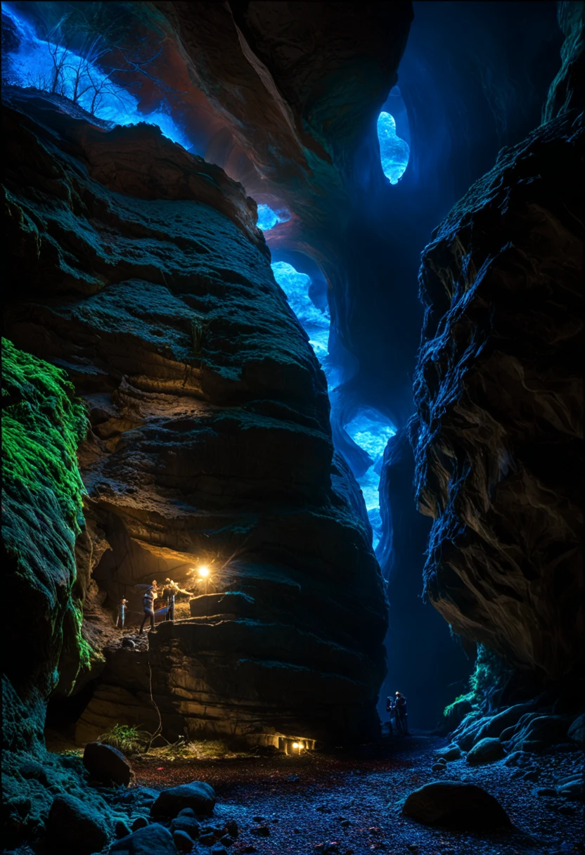 Bioluminescent mushrooms grow on the walls of a dark cave, mushrooms glow with blue and pink neon light, glowing mushrooms of different sizes on thin stalks, mushrooms cover a third of the cave walls, luminous threads are woven into bizarre shapes, in the ghostly neon light of mushrooms, the dark outlines of the cave walls and roots hanging from the ceiling are visible, Small bioluminescent insects crawl across the cave floor., this whole picture creates an unrealistically magical view, as if I had entered another fairy-tale dimension or a magical world of dungeons, 極端なディテール, High contrast, Hi-Def, great depth of field, digital arts, Neon art, Masterpiece art