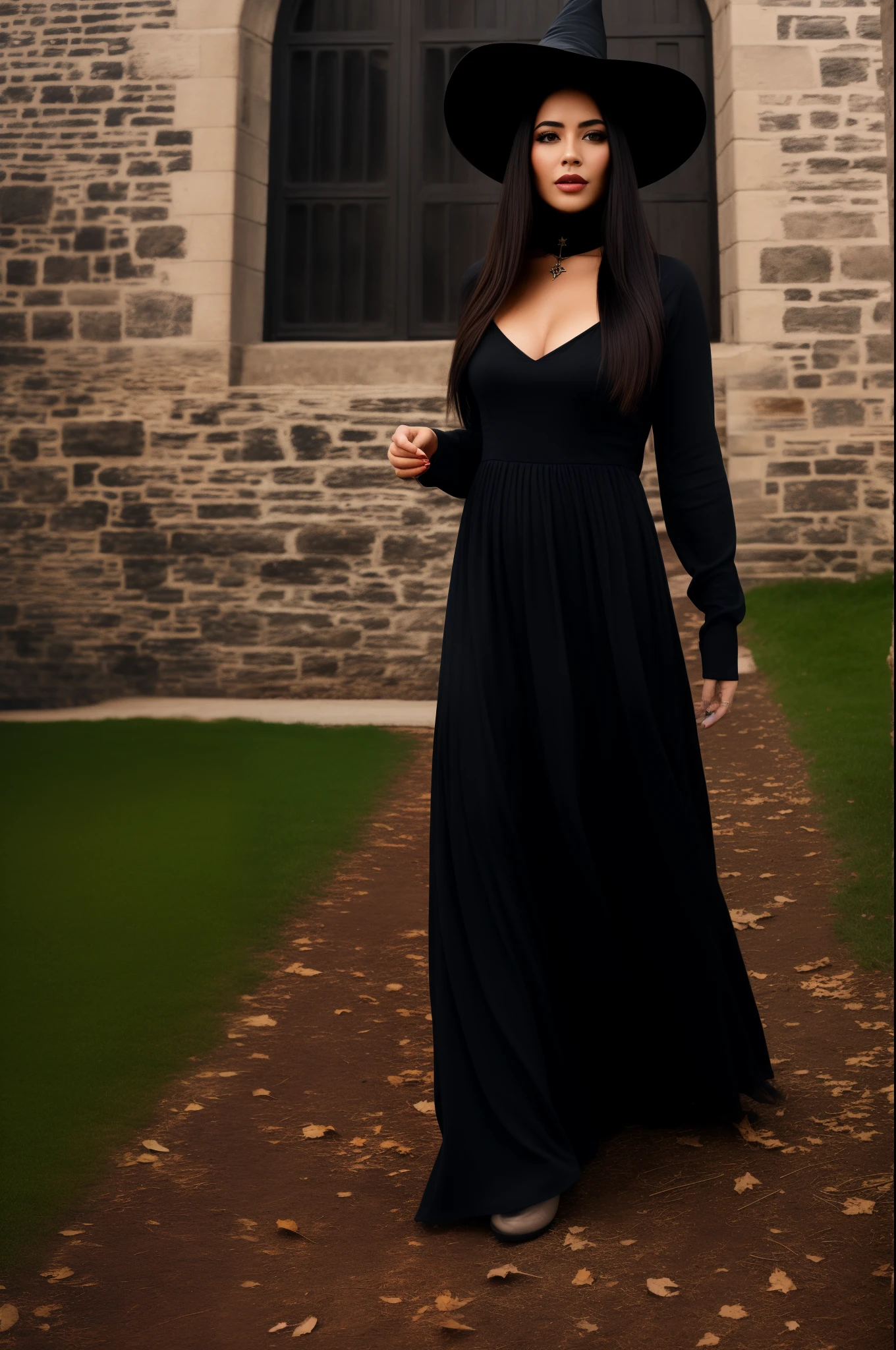 A woman, witch, long straight black hair, black eyes, athletic body, long black dress, castle in the background, masterpiece, high quality, best quality, 4k, well-detailed body, detailed face, witch's hat, camera raw, dark lighting, beautiful breasts, holding wands , seductive