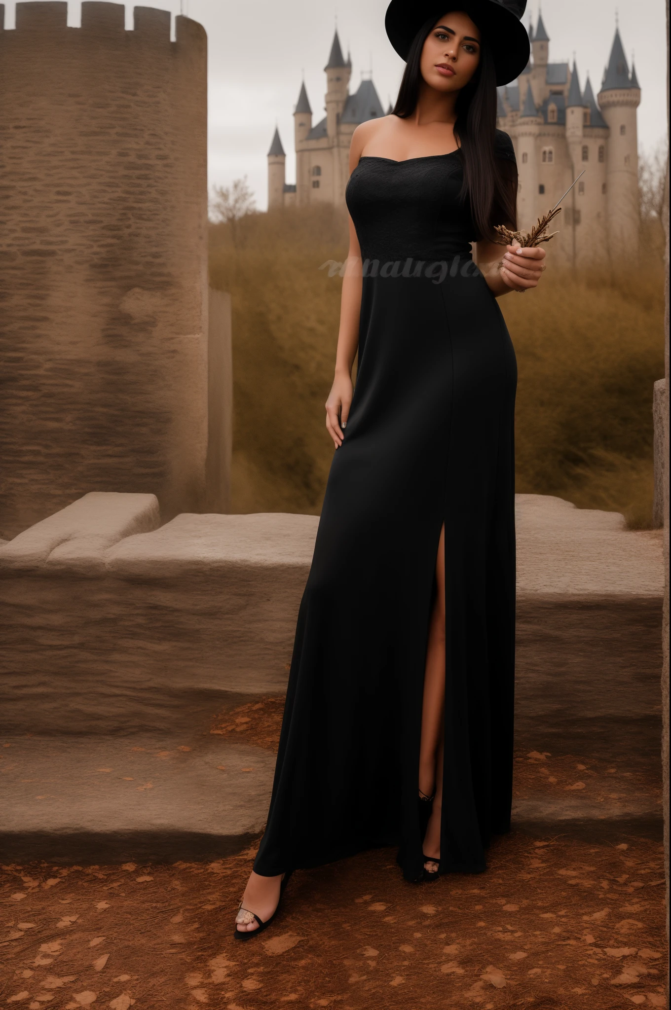 A woman, witch, long straight black hair, black eyes, athletic body, long black dress, castle in the background, masterpiece, high quality, best quality, 4k, well-detailed body, detailed face, witch's hat, camera raw, dark lighting, beautiful breasts, holding wands , seductive