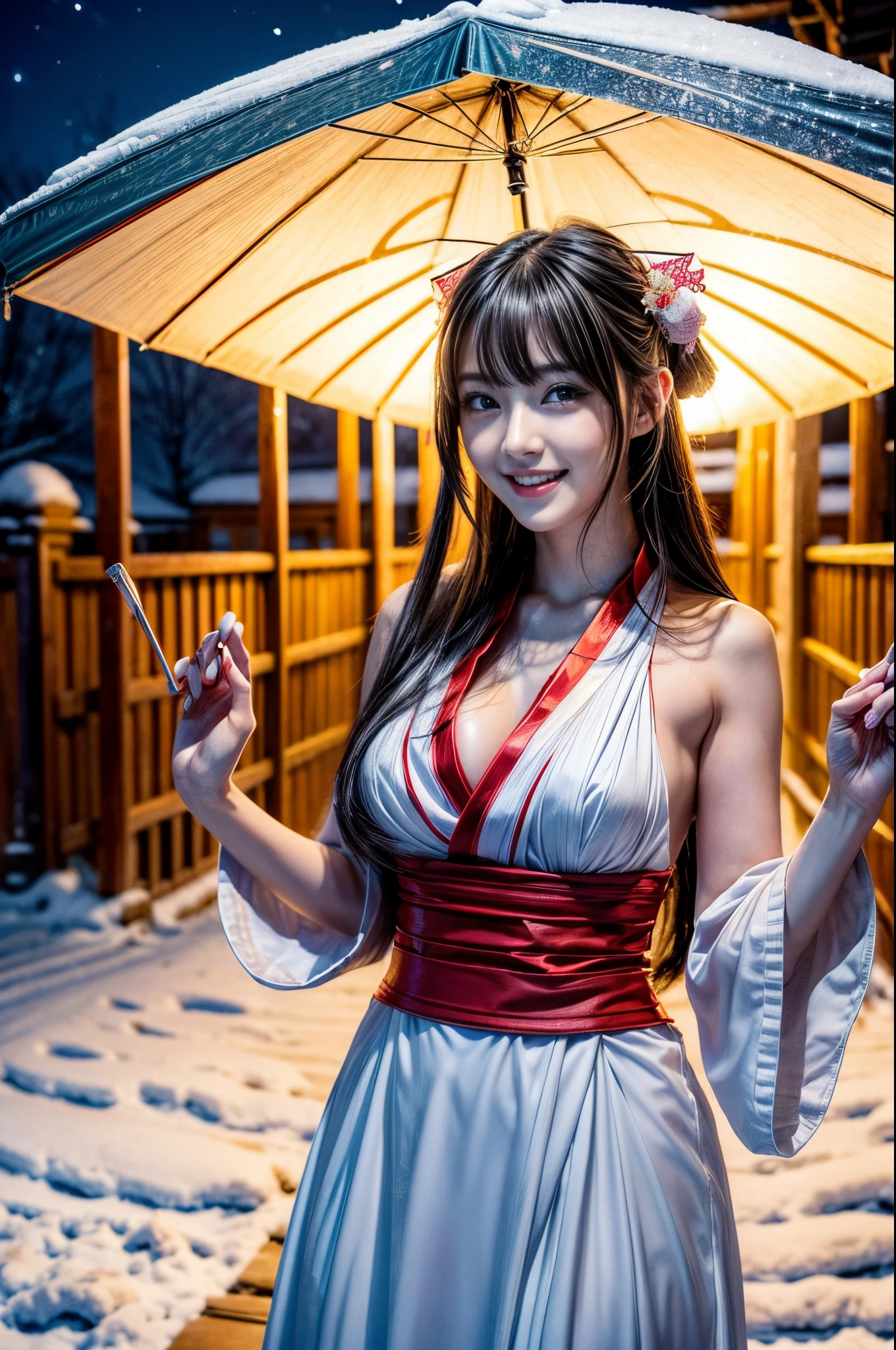 (masutepiece:1.3, Photorealsitic:1.4, 8K), top-quality, ​masterpiece, 超A high resolution, Perfect dynamic composition, Highly detailed skin and facial texture:1.3, A detailed eye, Detailed limbs, Night precincts in snowy country:1.2, 1girl in, Cute sexy 22 year old slim woman, Fair skin, ((Natural smile:0.9, Totally captivates you:1.0)), ((accurate shrine maiden costume)), ((voluptuous breasts:0.9)), (Facing the front, randome pose), (Beautiful blue eyes, Eyes that feel beautiful eros:0.85), Sexy face:0.4, (A mouthfeel that feels beautiful eros:0.85), ((Too cute beauty:0.9))