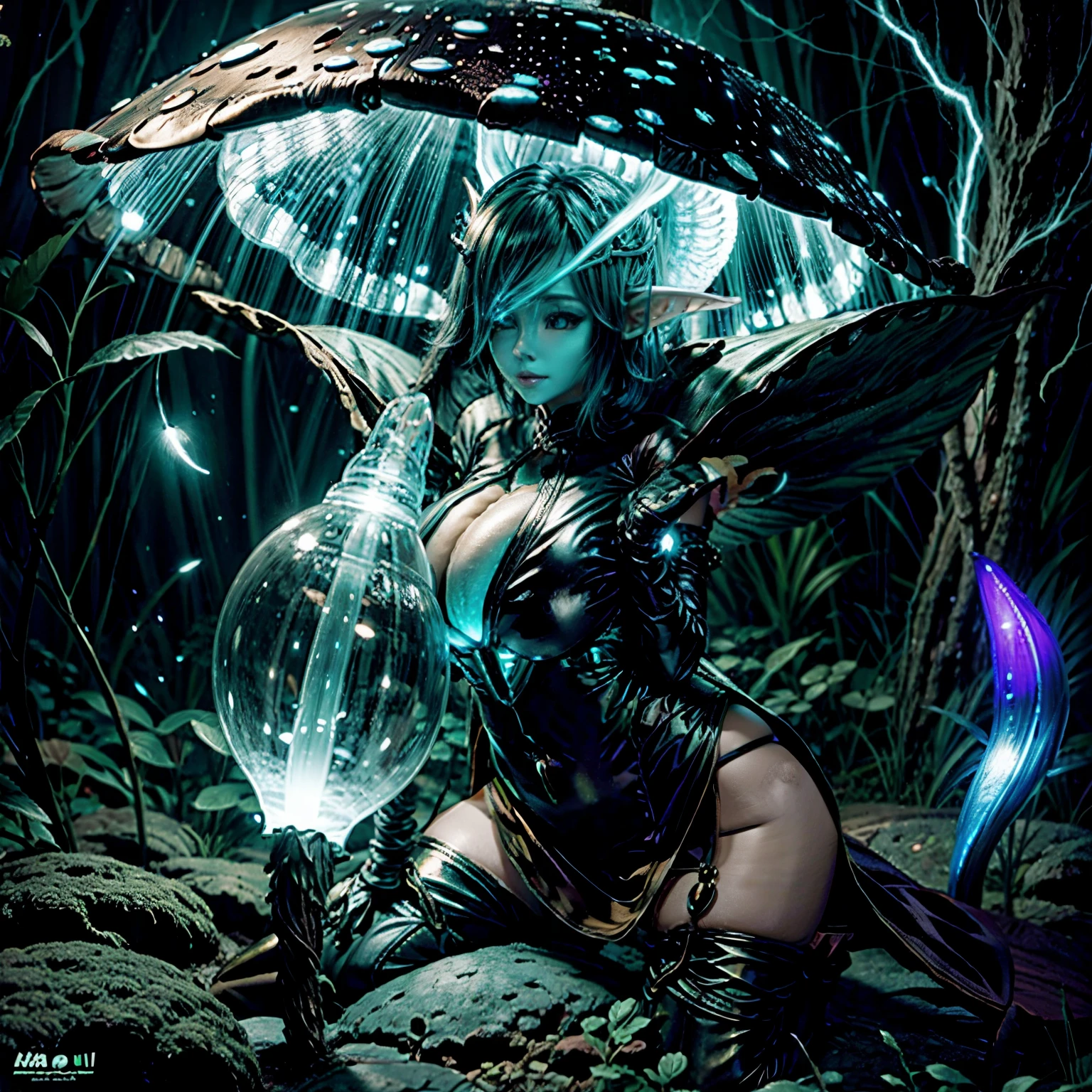 Bioluminescent Mushroom with giga_busty elf --ar 2:3