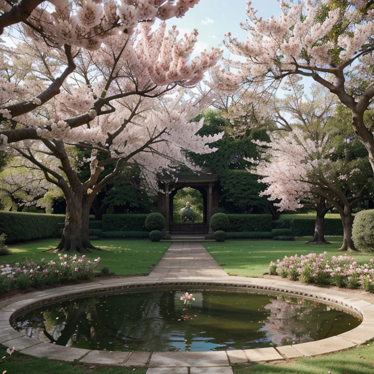 A vast palace garden full of magnolia flowers, trees, cherry blossoms, a pond and other varieties of flowers realistic