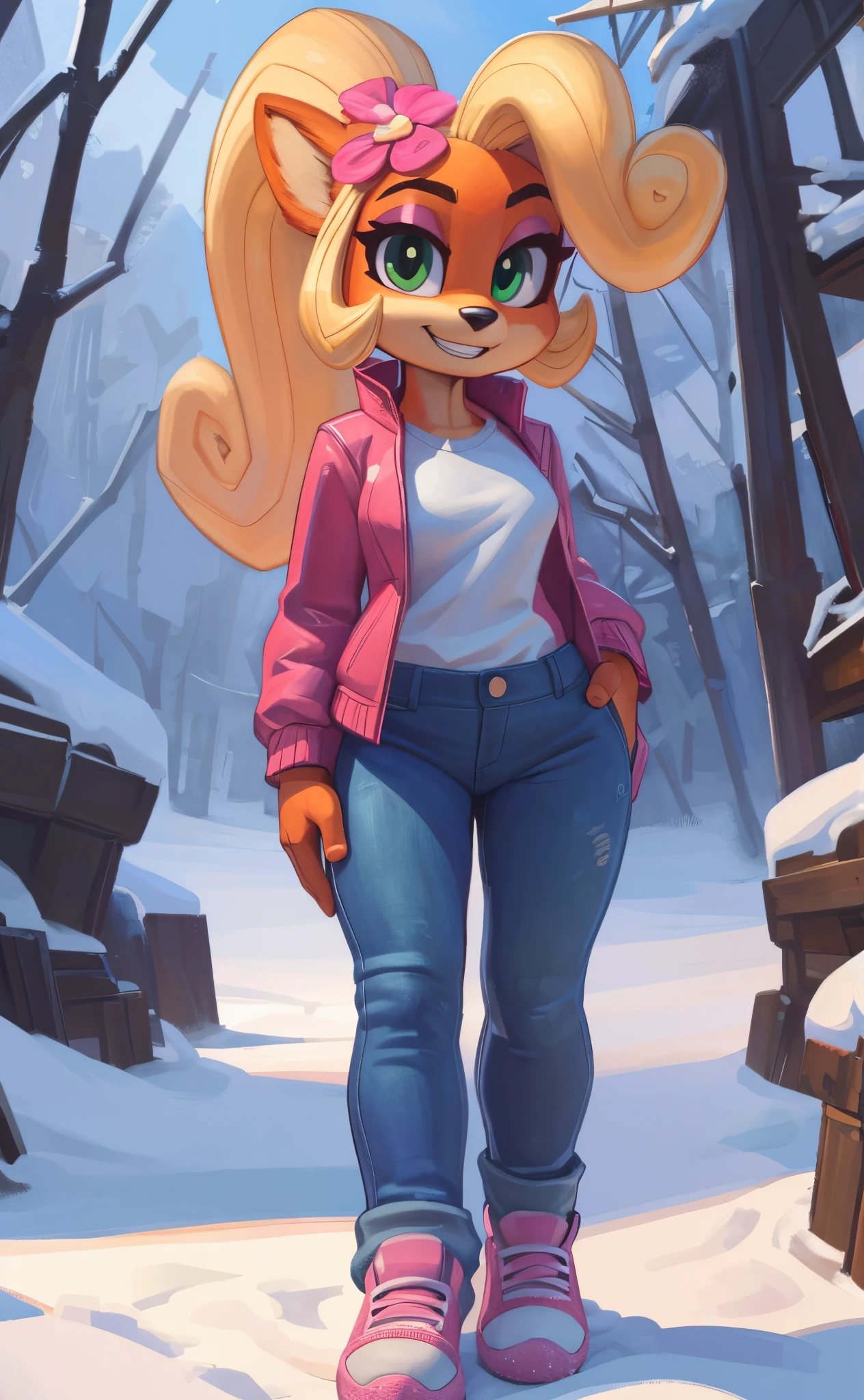 [Coco bandicoot], [Uploaded to e621.net; (Pixelsketcher), (wamudraws)], ((masterpiece)), ((HD)), ((solo portrait)), ((full body)), ((front view)), ((furry; anthro)), ((detailed fur)), ((detailed shading)), ((beautiful render art)), ((feet visible)), ((intricate details)), {anthro; orange fur, black nose, (cute green eyes), (short eyelashes), (pink eyeshadow), blonde curly hair, curly ponytail, (gorgeous hips), (beautiful legs), (cute grin)}, {(white shirt), (pink winter jacket), (tight jeans), (pink sneakers), (pink flower on head)}, {(standing), (hands in pockets), (looking at viewer)}, [background; (tropical forest), (snow), (beaten pathway), (blue sky), (cloudy)]
