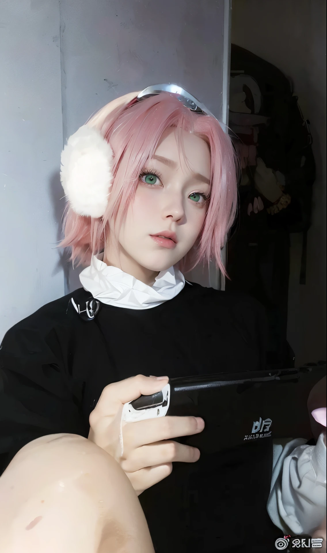 Real life adaption of this character,her name is sakura haruno from anime Naruto,she has a realistic same pink hair with a red headband, realistic same outfit, realistic same apron, beautiful korean teen face, she has green eyes color, realistic light, realistic shadow, realism, hyper realistic,(photorealistic:1.2), realistic background , details eyes,