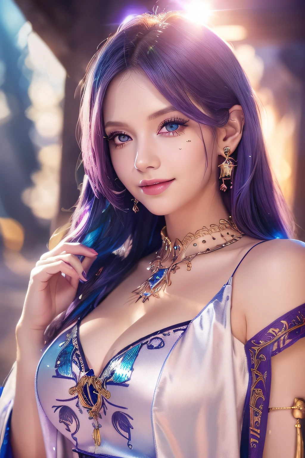 ((masutepiece)), ((Best Quality)), (Ultra-detailed), ((kawaii)), Cute, (lovely), ((Sexy)), (Ero), ((Extremely detailed)), (Detailed eye), (detailed facial features), (Detailed fingers), (detailed clothes features),4K, (8K), (Beautiful), Illustration, Dynamic Angle, (Upper body:1.2), (Holding a wizard's wand:1.3), Knossos palace, evening, Autumn, Pretty women, Solo, beautiful navy blue dress, (she wears a skimpy wizard dress:1.3), Beautiful purple hair, fishtail braid, Beautiful blue eyes, ((Beautiful eyes)), White teeth, drooping chest, (Hair ornaments:1.2), earrings, Bib Necklace, Smile, Lens Flare, shiny