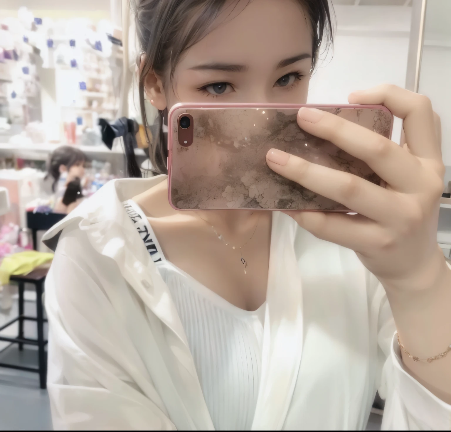Beautiful girl wearing white clothes taking selfie in the mirror with mobile phone,Bigchest