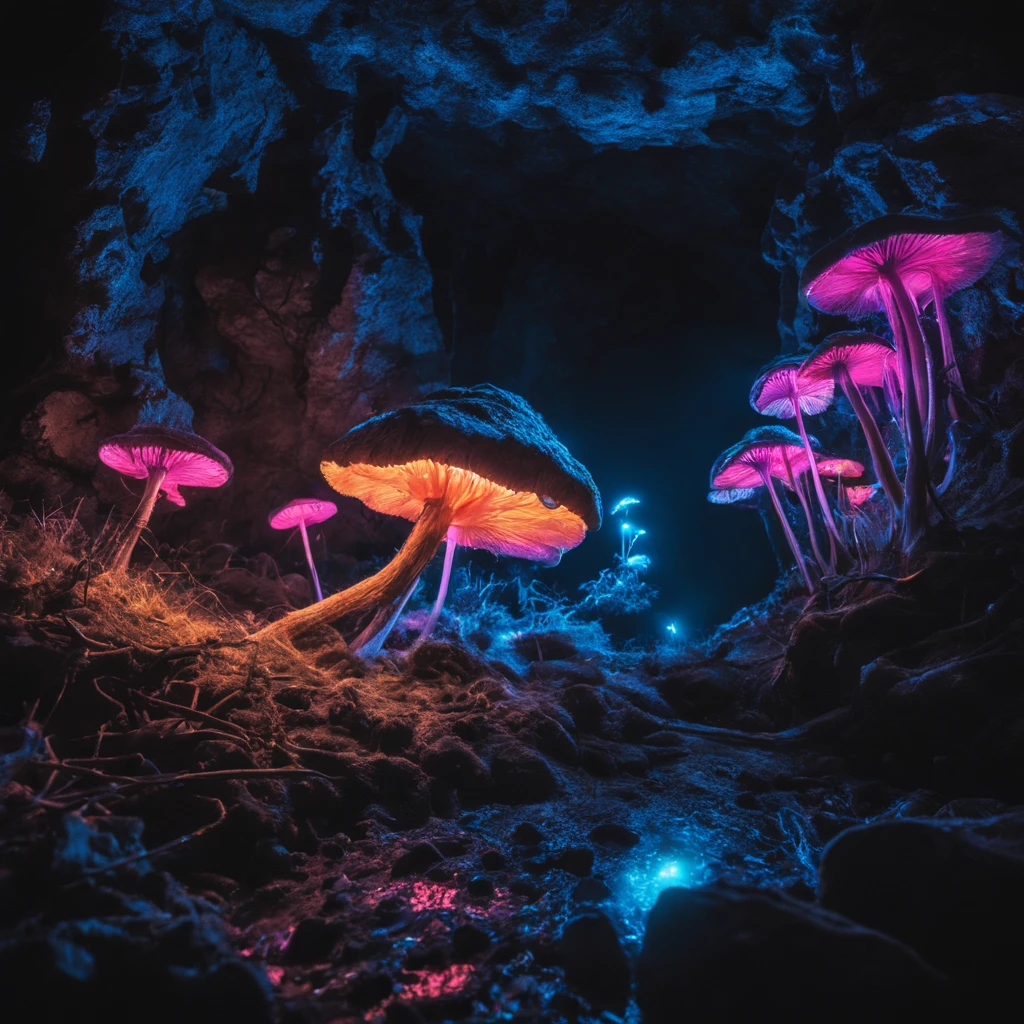 Bioluminescent mushrooms grow on the walls of a dark cave, mushrooms glow with blue and pink neon light, many glowing mushrooms of different sizes on thin legs, mushrooms cover a third of the cave walls, luminous threads are woven into bizarre shapes, in the ghostly neon light of mushrooms, the dark outlines of the cave walls and roots hanging from the ceiling are visible, Small bioluminescent insects crawl across the cave floor., this whole picture creates an unrealistically magical view, as if I had entered another fairy-tale dimension or a magical world of dungeons, 極端なディテール, High contrast, Hi-Def, great depth of field, digital arts, Neon art, Masterpiece art