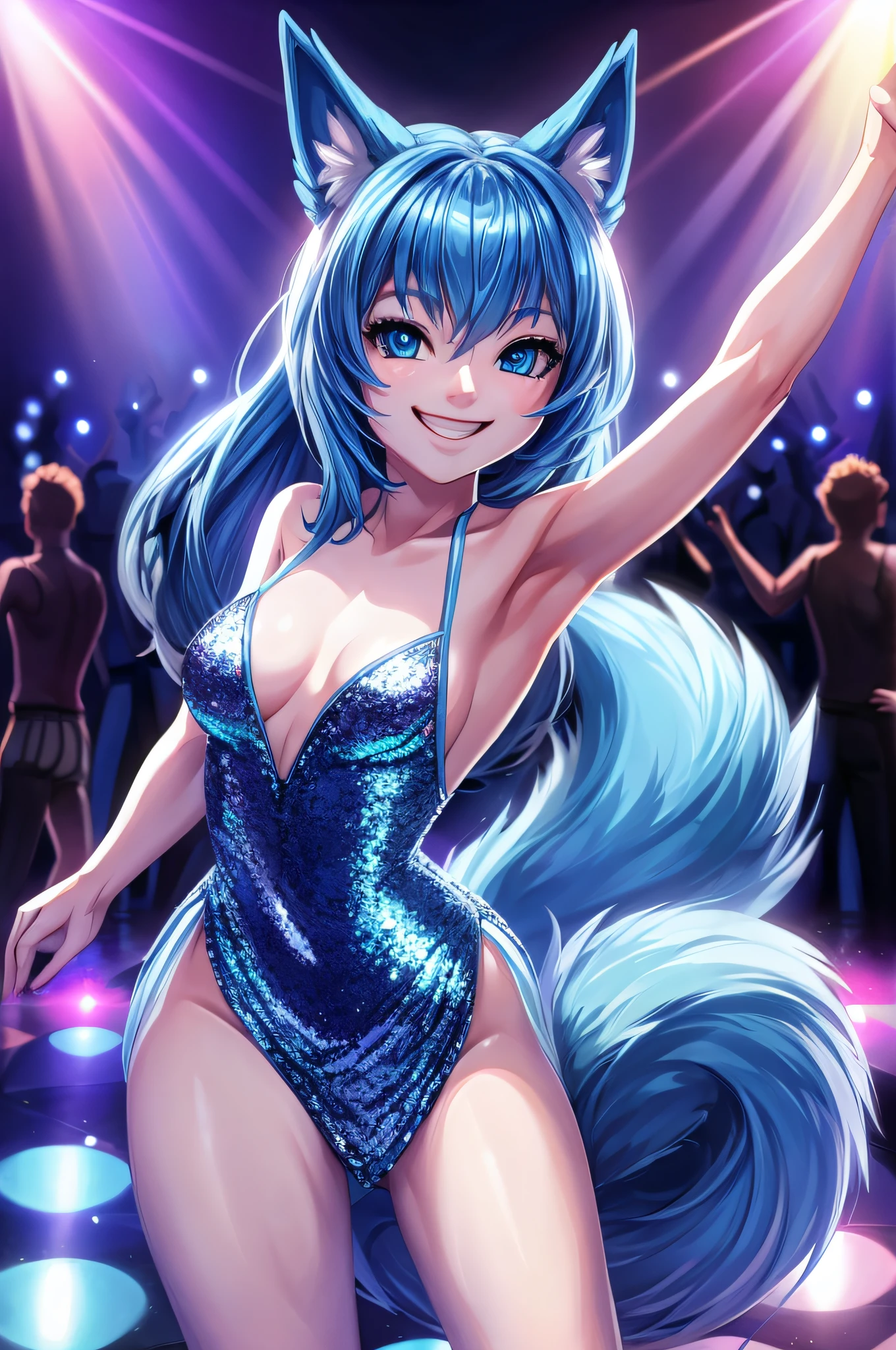 Close up of a short ite humanoid girl with pale skin and blue eyes and long blue hair and blue dog ears and a big fluffy dog tail and average breasts is stood on the dancefloor of a nightclub wearing a tight blue shiny sequin dress and is dancing. She is smiling.