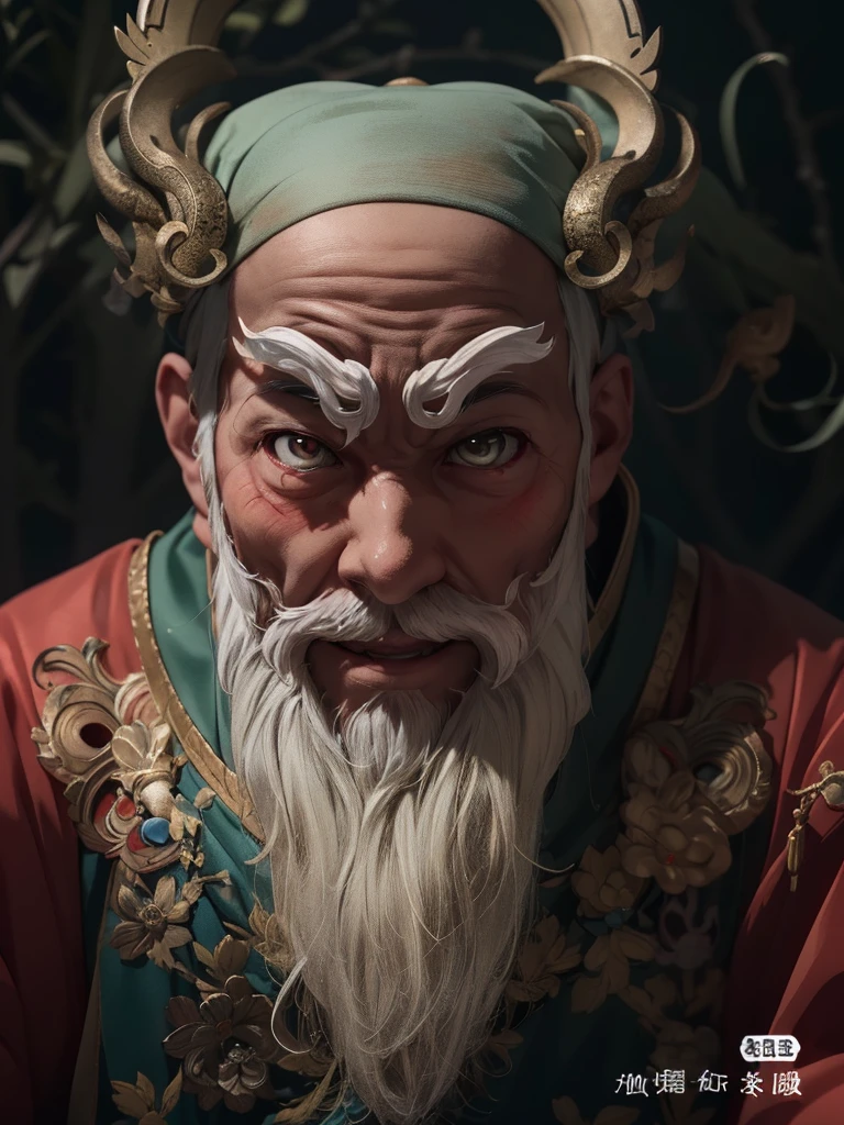 Close-up of a man with white beard and white face, hyper-detailed fantasy character, Inspired by Hu Zaobin, zbrush central selection, inspired by Wu Daozi, asura from chinese myth, Trending on zbrush Central, Zbrush art, ZBrush Central Competition Champion, Tengu mask, Qi Gong, japanese god