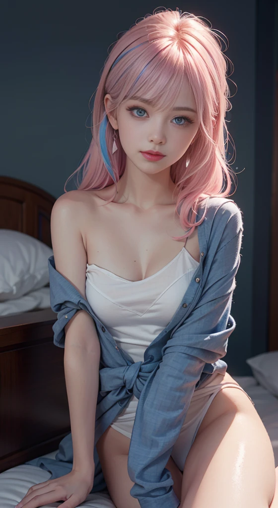 (Cinematic Digital Artwork: 1.3), High quality, masutepiece, of the highest quality, Super Detail, Illustration, [4K Digital Art]、 lndswgnr, (Sharp Focus: 1.5), (Moody lighting:1.2), depth of fields, Bokeh, 4K 、High resolution, ultra-detailliert, the Extremely Detailed CG Unity 8K Wallpapers, Realistic, Photorealsitic, Raw photo, beautifull detailed face, pale skin, realistic glistening skin, Detailed Cloth Texture, detailed hair texture, Perfect body, Beautiful face, acurate, Anatomically correct, Highly detailed face, Eye and skin texture, Natural neck length, (Beautiful eyes), (Beautiful hands), (Glossy skin:1.2), thin legs, Thin feet, Detailed people、A detailed face、细致背景、 

(masutepiece), (((Highest Quality)), (super detailed), 1 girl, (Iridescent hair, Colorful hair, Half blue and half pink hair: 1.2), 20 years old, (: 1.2), Midsummer Night, Bangs, Smile, sky-blue eyes, Perfect hands, Perfect hands, Hand Details, Corrected Fingers. earrings, Night Store + Background, Streets of Kyoto、up looking_で_viewer, Cowboy Shot, of the highest quality, rich detail, Perfect image quality, dark blue gray tone、Night representation、Pinky Pink Lip Stick、eye make up、mascara、eye liner、eye shadow、In the bedroom of the inn、Lie down in a sexy pose、NSFW