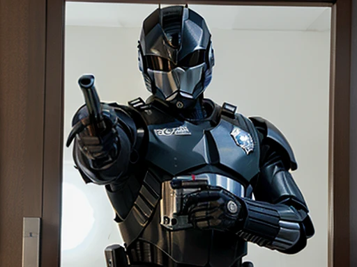 Police as tokusatsu black robocop with a gun