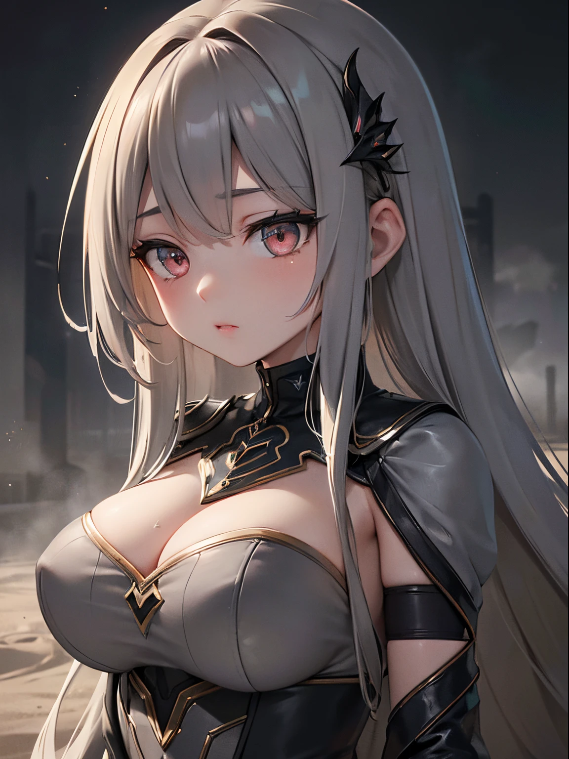 (masterpiece,best quality,ultra-detailed),1girl, large breast, glowing eyes,long hair,(((dust pretty girl))),beautiful and detailed face, detailed eyes,night,dust particles in the air,((grey theme)),((((dust theme)))),