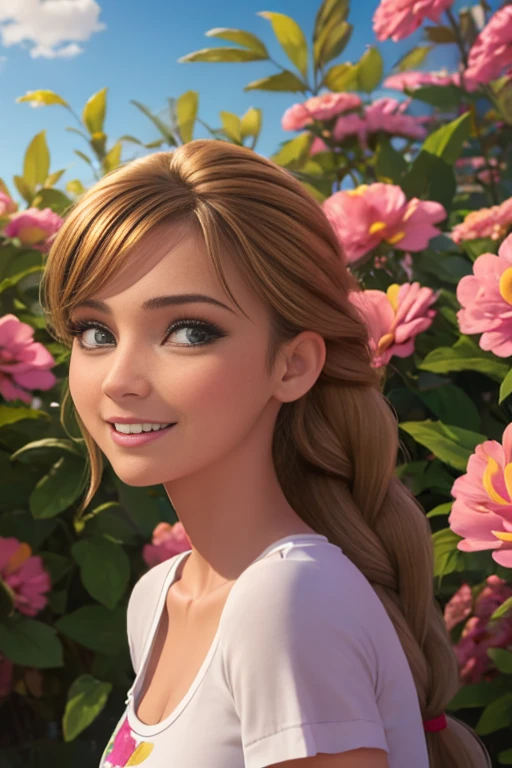 (realista: 1.4), mejor calidad, ultra-high-resolution, 4k , Detalles intrincados , Altamente detallado, A -old gir very light brown hair with braid , Cabello largo , todo muy detallado , Sonriente , alto contraste , Background flowers falling behind her , HDR , cinematographic image , senos medianos, viste playera amarilla de manga corta , playera amarilla , falda azul plisada , falda azul , linda sonrisa , maquillaje ,ojos verdes , jardin , fiesta , noche , posando sexy para foto , trenza grande , cuerpo completo