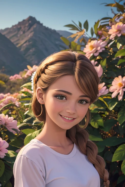 (realista: 1.4), mejor calidad, ultra-high-resolution, 4k , Detalles intrincados , Altamente detallado, A 15 year-old girl , very light brown hair with braid , Cabello largo , todo muy detallado , Sonriente , alto contraste , Background flowers falling behind her , HDR , cinematographic image , senos medianos, viste playera amarilla de manga corta , playera amarilla , falda azul plisada , falda azul , linda sonrisa , maquillaje ,ojos verdes , jardin , fiesta , noche , posando sexy para foto , trenza grande , cuerpo completo