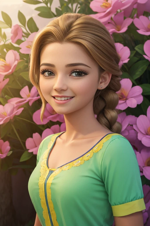 (realista: 1.4), mejor calidad, ultra-high-resolution, 4k , Detalles intrincados , Altamente detallado, A 15 year-old girl , very light brown hair with braid , Cabello largo , todo muy detallado , Sonriente , alto contraste , Background flowers falling behind her , HDR , cinematographic image , senos medianos, viste playera amarilla de manga corta , playera amarilla , falda azul plisada , falda azul , linda sonrisa , maquillaje ,ojos verdes , jardin , fiesta , noche , posando sexy para foto , trenza grande , cuerpo completo
