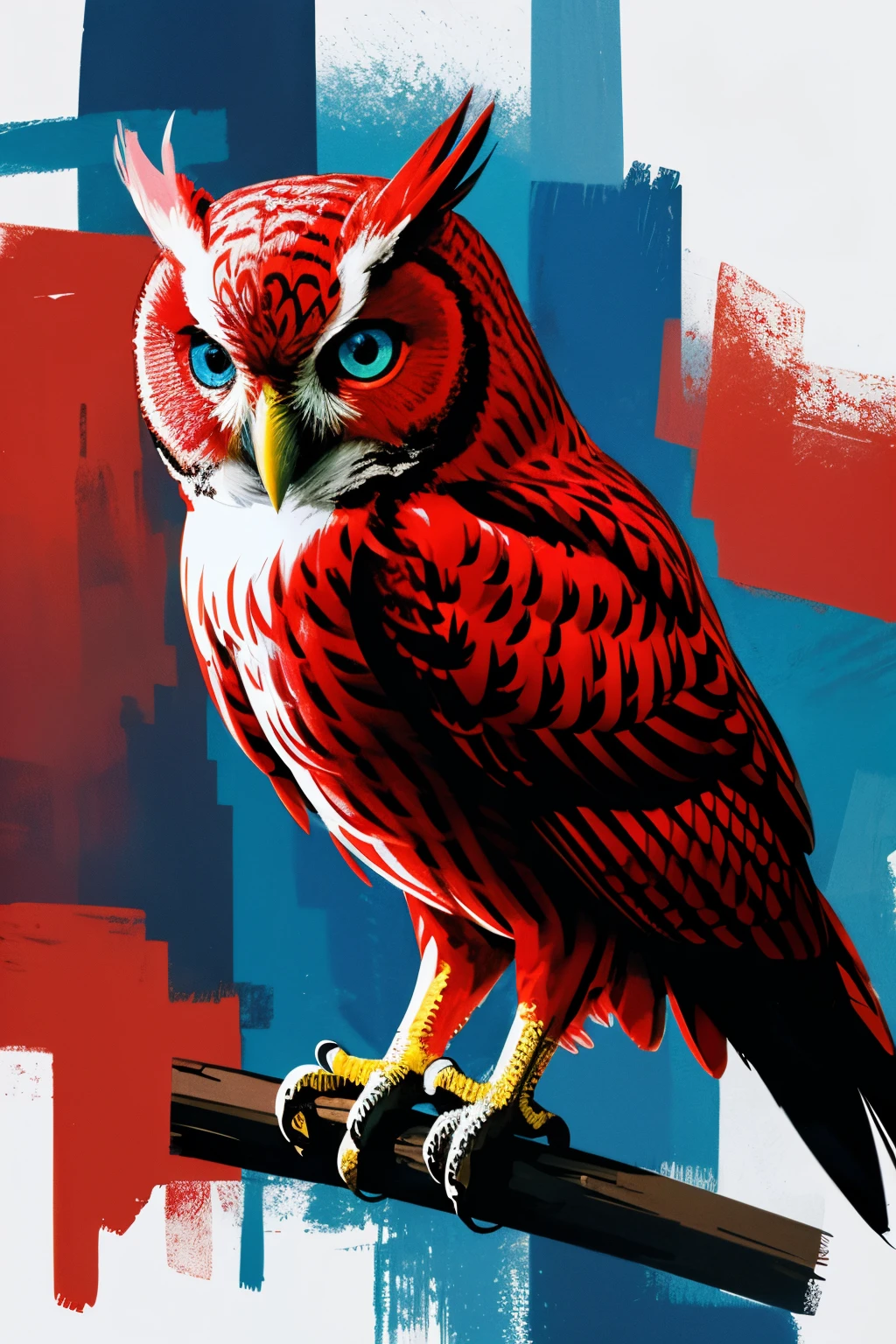 An illustration of a red owl with bright blue eyes in the style of abstract expressionism