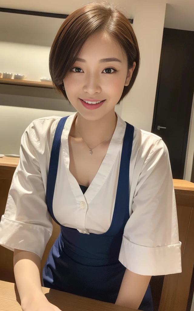 ((Top Quality, 8k, Masterpiece: 1.3)), Sharp Focus, One Girl, Slim Beauty: 1.2, Brown Hair, Short Hair, (Big: 1.5), (Layer Cut), Detailed Eyes, Double Eyelids, Cute Smile, (Mouth Closed), (Cute Japan Human-Faced Beauty), Soft Skin, Reflecting the whole body, Ultra Realistic, Ultra Detailed, High Quality, (Beautiful short-haired waitress who comes to the table to take orders)