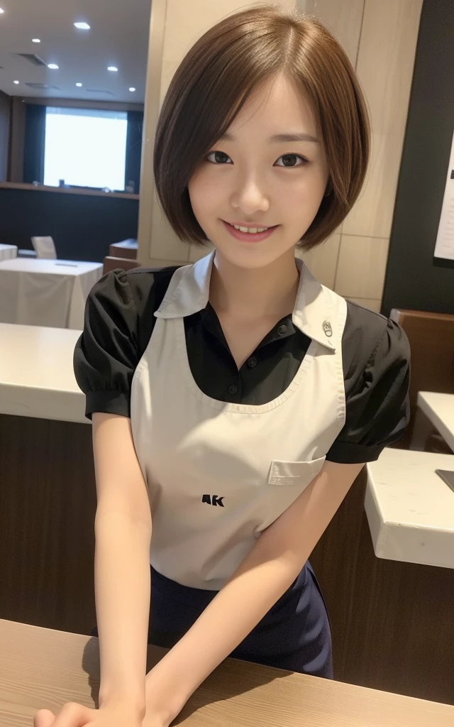 ((Top Quality, 8k, Masterpiece: 1.3)), Sharp Focus, One Girl, Slim Beauty: 1.2, Brown Hair, Short Hair, (Big: 1.5), (Layer Cut), Detailed Eyes, Double Eyelids, Cute Smile, (Mouth Closed), (Cute Japan Human-Faced Beauty), Soft Skin, Reflecting the whole body, Ultra Realistic, Ultra Detailed, High Quality, (Beautiful short-haired waitress who comes to the table to take orders)