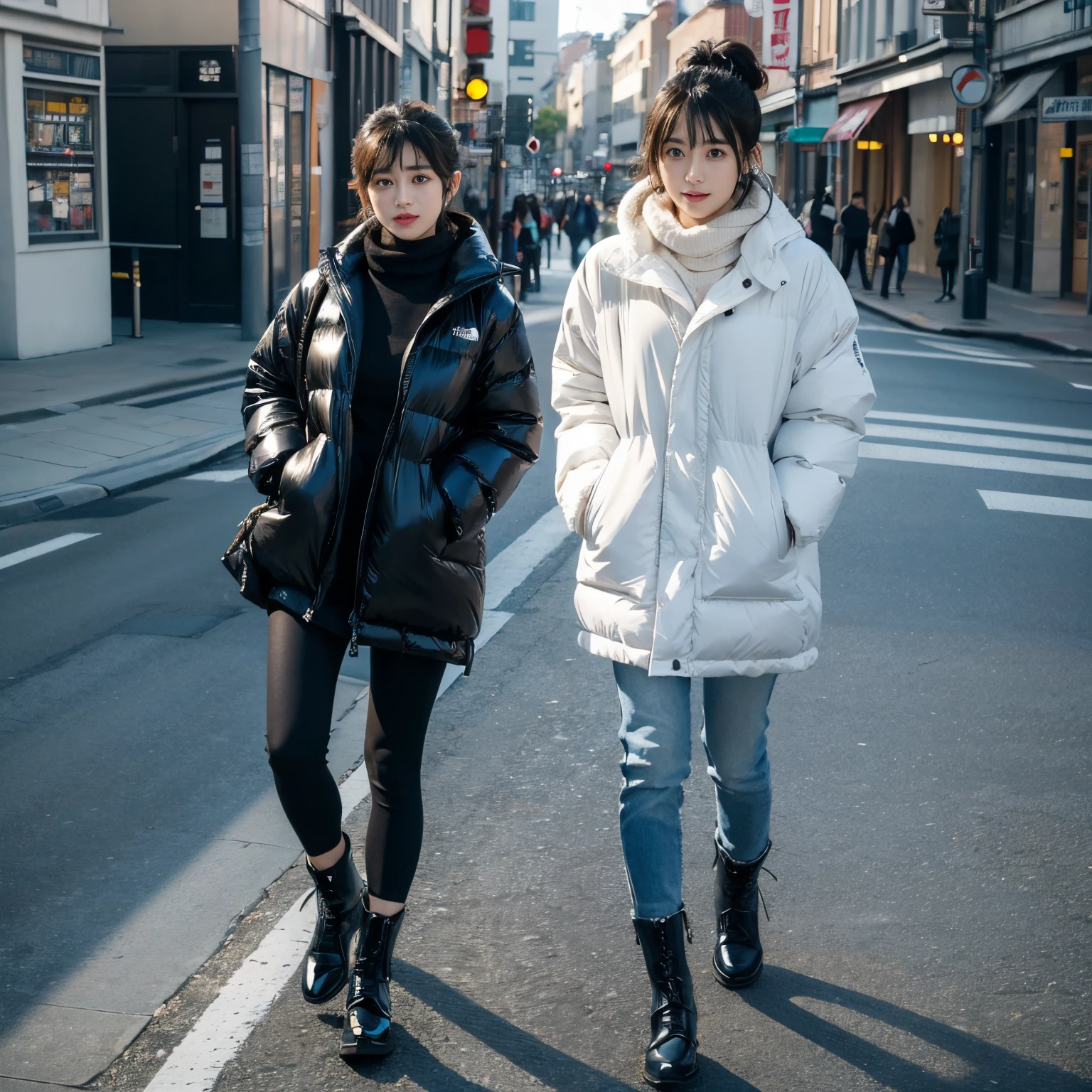 (ultra-detailliert,Detailed face,Detailed eyes,Detailed skin,Shiny skin:1.3), Detailed eyes,, a small face,big eye、Impatient face、Wearing a watch、look at my watch、In the street、Black Hair Bob、north face black down jacket、Walking、Transfer the whole body、long boots、muffler、Overall angle、A smile、Show from the legs to the head、Suzukaze Hirose、Angle of pull、stand and bend one leg、Walking:1.4