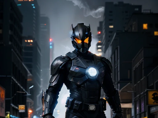 (best quality,ultra-detailed,realistic:1.37),black tokusatsu robo-cop holding a gun,police,armor,sleek design,technological,shining visor,high-tech weaponry,crime-fighting machine,menacing presence,sturdy build,dark and gritty environment,strong pose,sharp edges,golden accents,massive boots,intricate details,dynamic lighting,action-packed,sci-fi,urban landscape,vibrant colors,nighttime atmosphere,neon lights,smoke-filled streets,energy-filled,high-intensity pursuit,mystery and suspense.