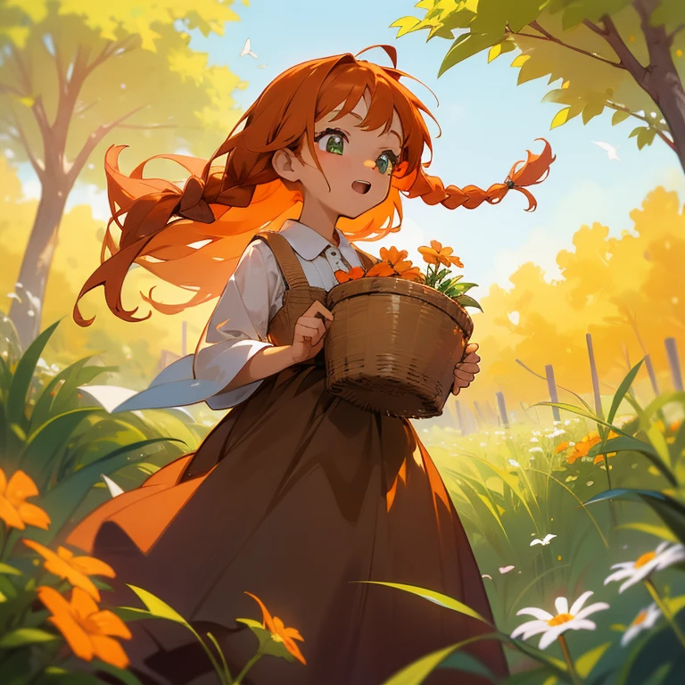 High Detail, Ultra Detail, Ultra High Resolution A cute and innocent girl, child, toddler, enjoying her time in the open field, surrounded by the beauty of nature, warm sun sprinkling on her, wildflowers gently swaying in the breeze, orange blossom trees, Butterflies and birds flutter around her, adding to the playful atmosphere, basket of lavender (green eyes, red-orange hair, braided hairstyle)(wearing a brown dress)