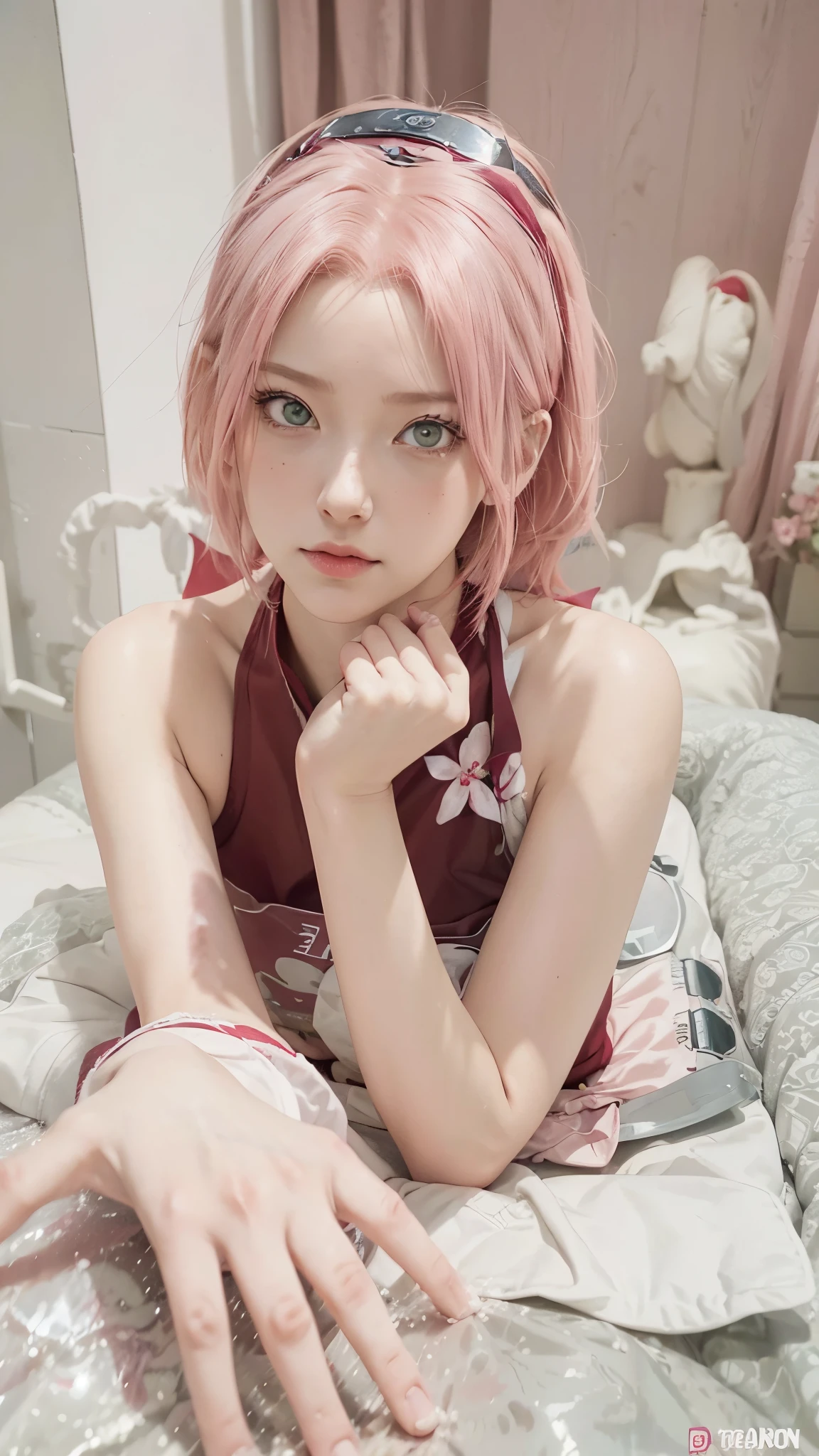 Real life adaption of this character,her name is sakura haruno from anime Naruto,she has a realistic same pink hair with a red headband, realistic same outfit, realistic same apron, beautiful korean face, she has green eyes color, realistic light, realistic shadow, realism, hyper realistic,(photorealistic:1.2), realistic background , details eyes,