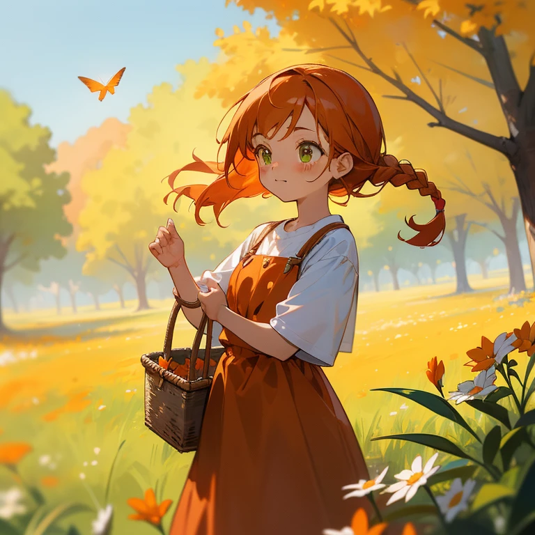 High Detail, Ultra Detail, Ultra High Resolution A cute and innocent girl, child, toddler, enjoying her time in the open field, surrounded by the beauty of nature, warm sun sprinkling on her, wildflowers gently swaying in the breeze, orange blossom trees, Butterflies and birds flutter around her, adding to the playful atmosphere, basket of orange blossoms (green eyes, red-orange hair, braided hairstyle)(wearing a brown dress)
