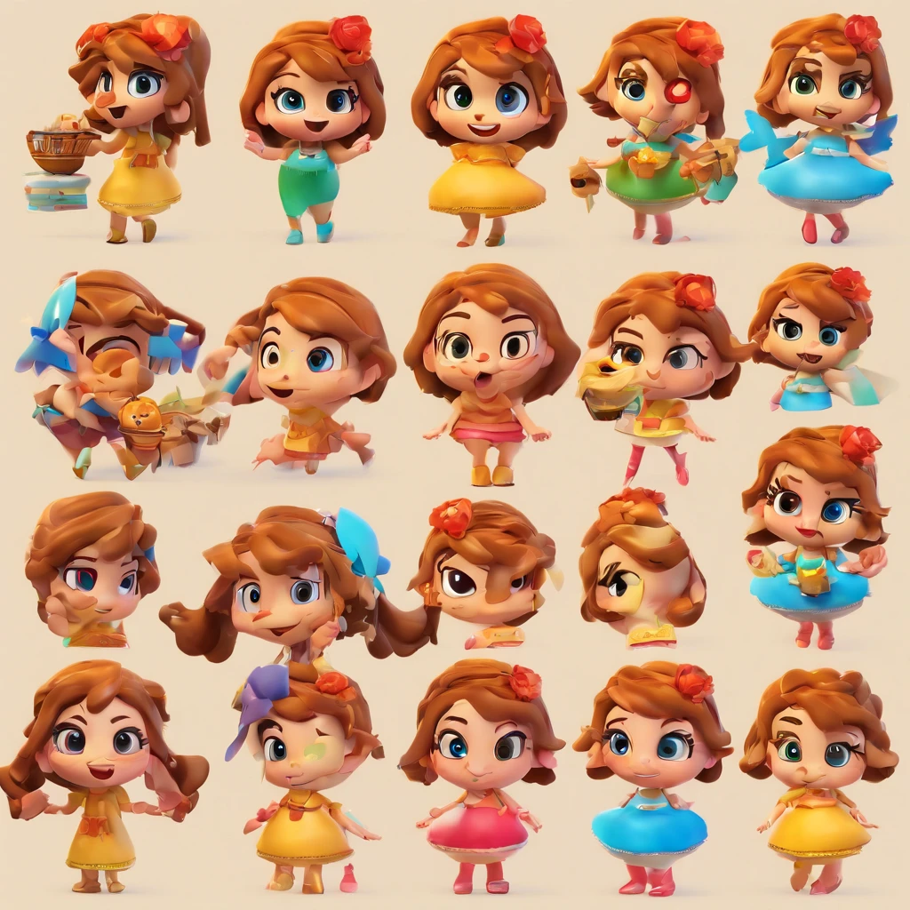 ute girl, emoji pack, 16 emoticons, emoji sheet, multiple poses and expressions, anthropomorphic style, Disney style, black strokes, different emotions,multiple poss and expressions,8k —niji 5 —style cute