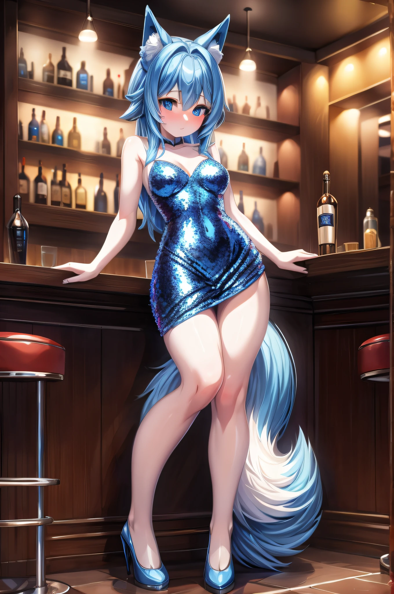 (Masterpiece) (High Detail) (High Res) A short ite humanoid girl with pale skin and blue eyes and long blue hair and blue dog ears and a big fluffy dog tail and average breasts is stood alone in the corner of a bar wearing a tight blue shiny sequin dress. She looks shy.