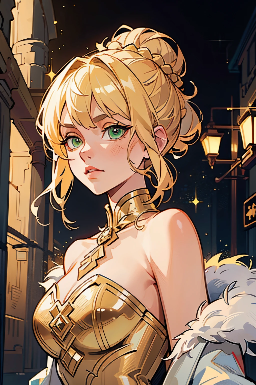 A middle-aged woman with (short, golden blonde hair put up in a bun) and (green eyes), wearing a (glittery gold evening dress) and (white fur coat); (((Best quality))) master piece vector illustration; anime character in sharp focus; detailed and vibrant anime face; character design; beautiful and vibrant digital art, hyperdetailed; overexaggerated features; Dynamic Lighting; Volumetric Lighting in 8k, Ultra Sharp Focus; intricate Artwork Masterpiece