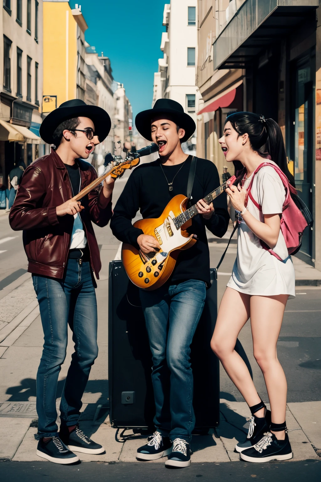 A photograph of three friends playing music on the street in the style of Pop Art with a medium aspect ratio
