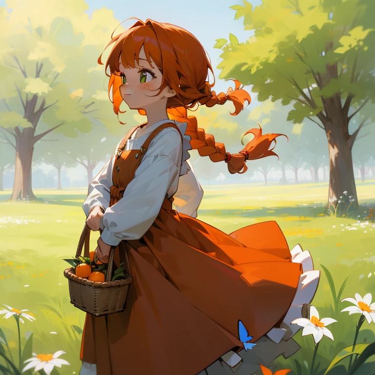 High Detail, Ultra Detail, Ultra High Resolution A cute and innocent girl, child, toddler, enjoying her time in the open field, surrounded by the beauty of nature, warm sun sprinkling on her, wildflowers gently swaying in the breeze, trees with white flowers, Butterflies and birds flutter around her, adding to the playful atmosphere, holding a basket of oranges (green eyes, red-orange hair, braided hairstyle)(wearing a brown dress)
