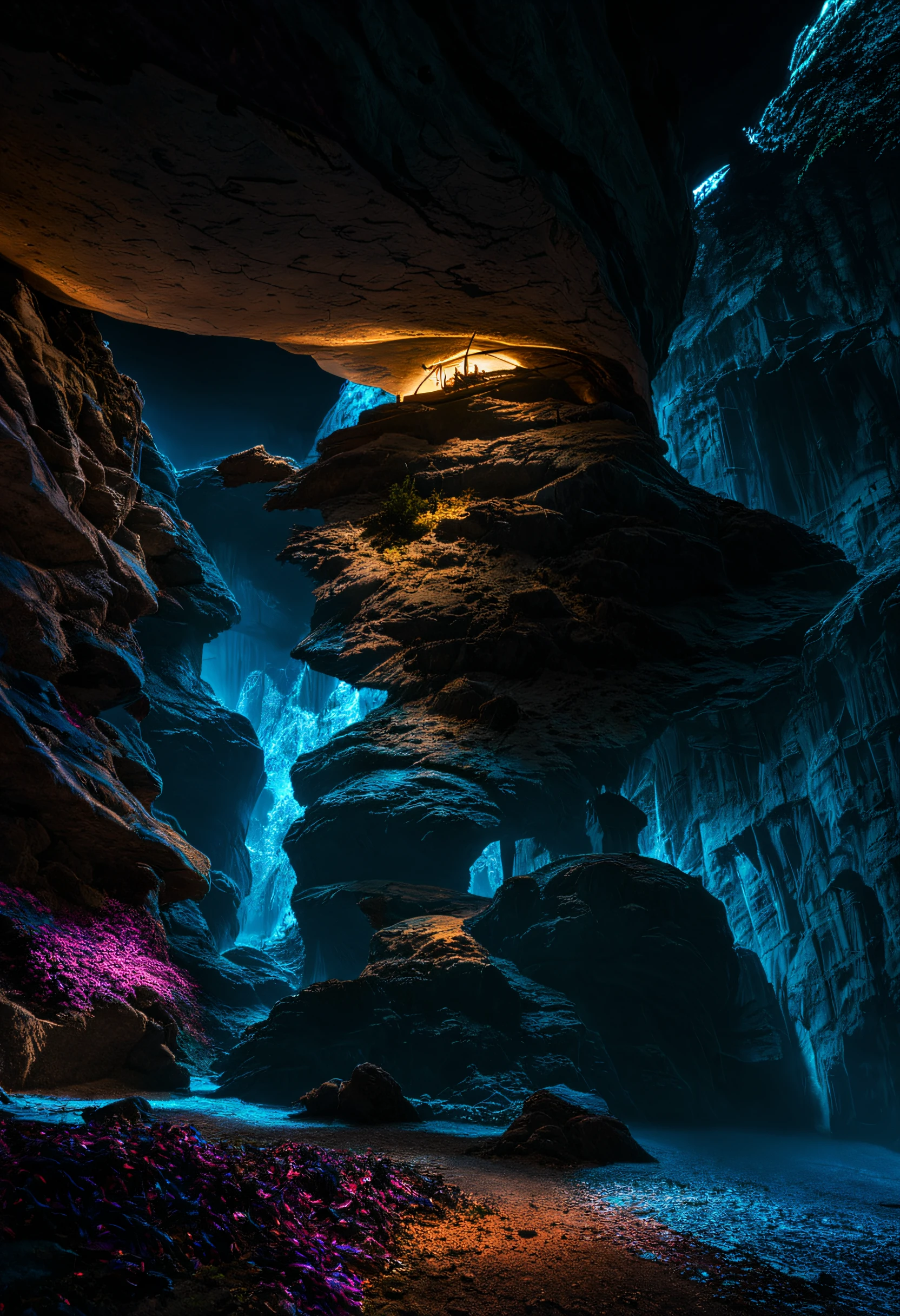 Bioluminescent mushrooms grow on the walls of a dark cave, mushrooms glow with blue and pink neon light, glowing mushrooms of different sizes on thin stalks, mushrooms cover a third of the cave walls, luminous threads are woven into bizarre shapes, in the ghostly neon light of mushrooms, the dark outlines of the cave walls and roots hanging from the ceiling are visible, Small bioluminescent insects crawl across the cave floor.., this whole picture creates an unrealistically magical view, as if I had entered another fairy-tale dimension or a magical world of dungeons, 極端なディテール, High contrast, Hi-Def, great depth of field, digital arts, Neon art, Masterpiece art