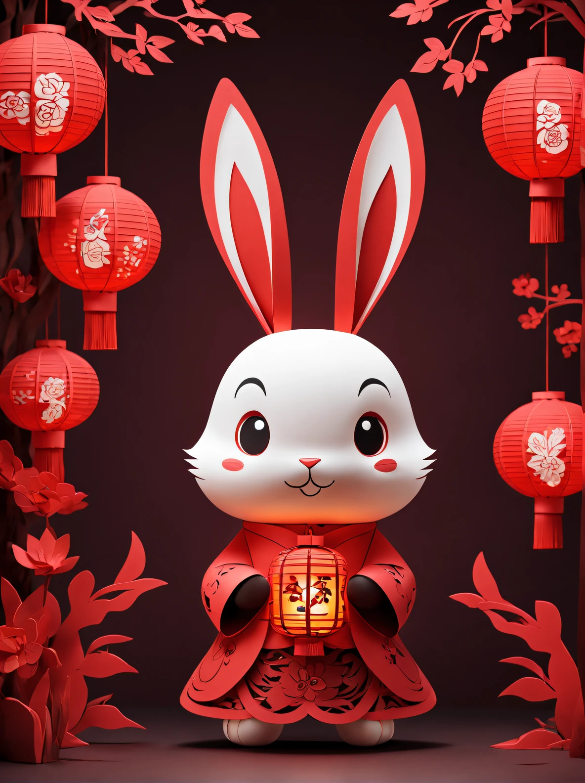 （Product design），（Item design），（Red lanterns,designs），（Cute anthropomorphic rabbit-shaped red lantern）, Background with：Color is simple dark red，3D paper,paper-cut craft,