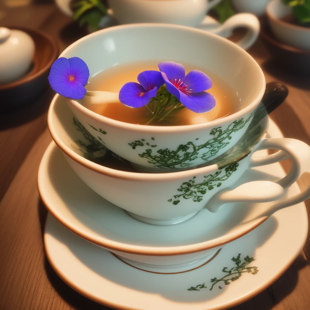 one tea cup pouring vines and morning glory flowers into another tea cup