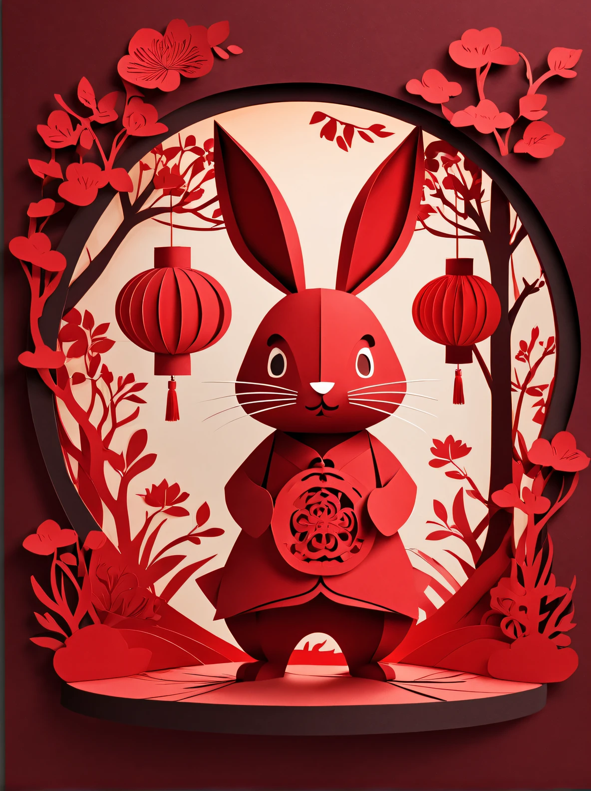 （Product design），（Item design），（Red lanterns,Paper cut design），（Cute anthropomorphic rabbit shaped red lantern）, Background with：Color is simple dark red，3D paper,paper cut out,