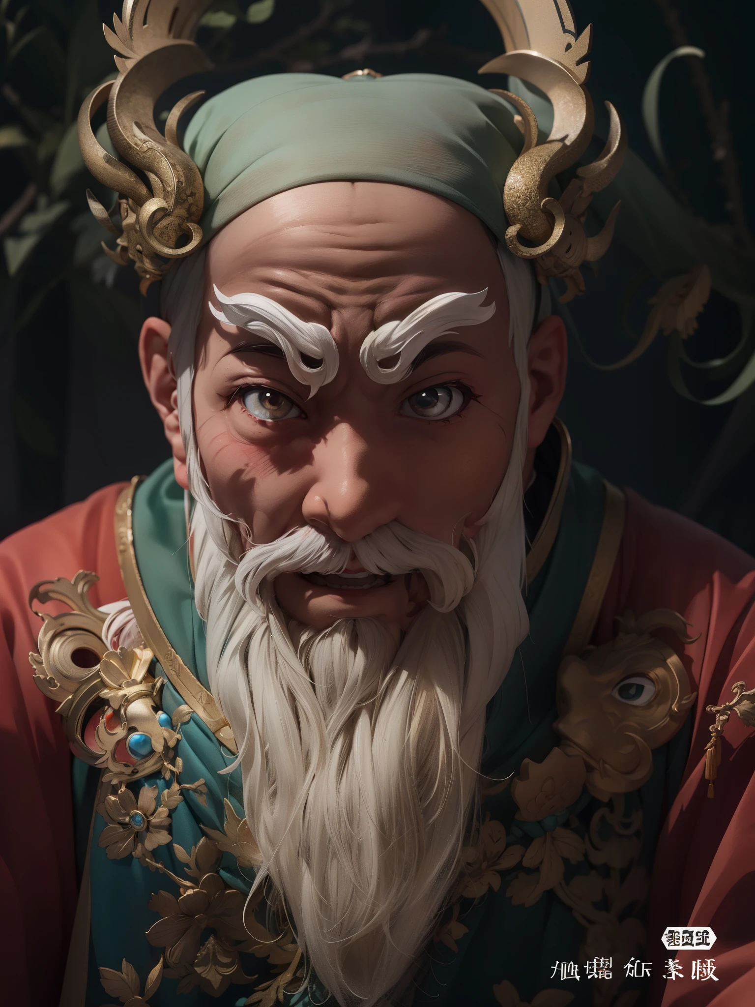 Close-up of a man with white beard and white face, hyper-detailed fantasy character, Inspired by Hu Zaobin, zbrush central selection, inspired by Wu Daozi, asura from chinese myth, Trending on zbrush Central, Zbrush art, ZBrush Central Competition Champion, Tengu mask, Qi Gong, japanese god