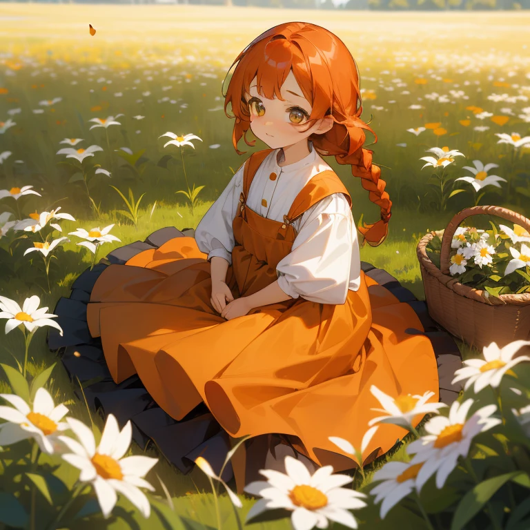 High Detail, Ultra Detail, Ultra High Resolution A cute and innocent girl, child, toddler, enjoying her time in the open field, surrounded by the beauty of nature, warm sun sprinkling on her, wildflowers gently swaying in the breeze, trees with white flowers, Butterflies and birds flutter around her, adding to the playful atmosphere, holding a basket of oranges (green eyes, red-orange hair, braided hairstyle)(wearing a brown dress)