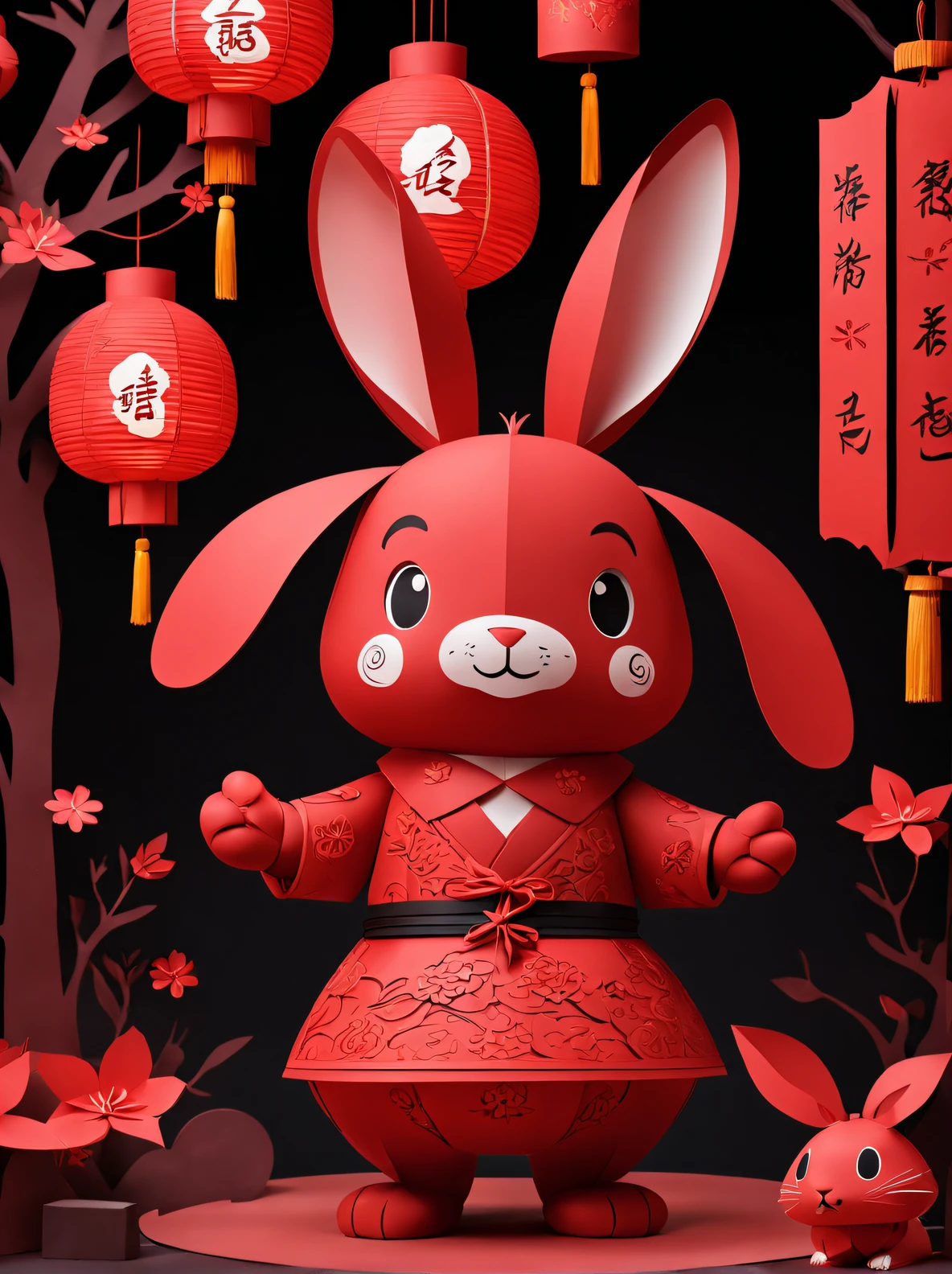 （Product design），（Item design），（Red lanterns,designs），Cute anthropomorphic rabbit-shaped red lantern, Background with：Color is simple dark red，3D paper,paper cut out,