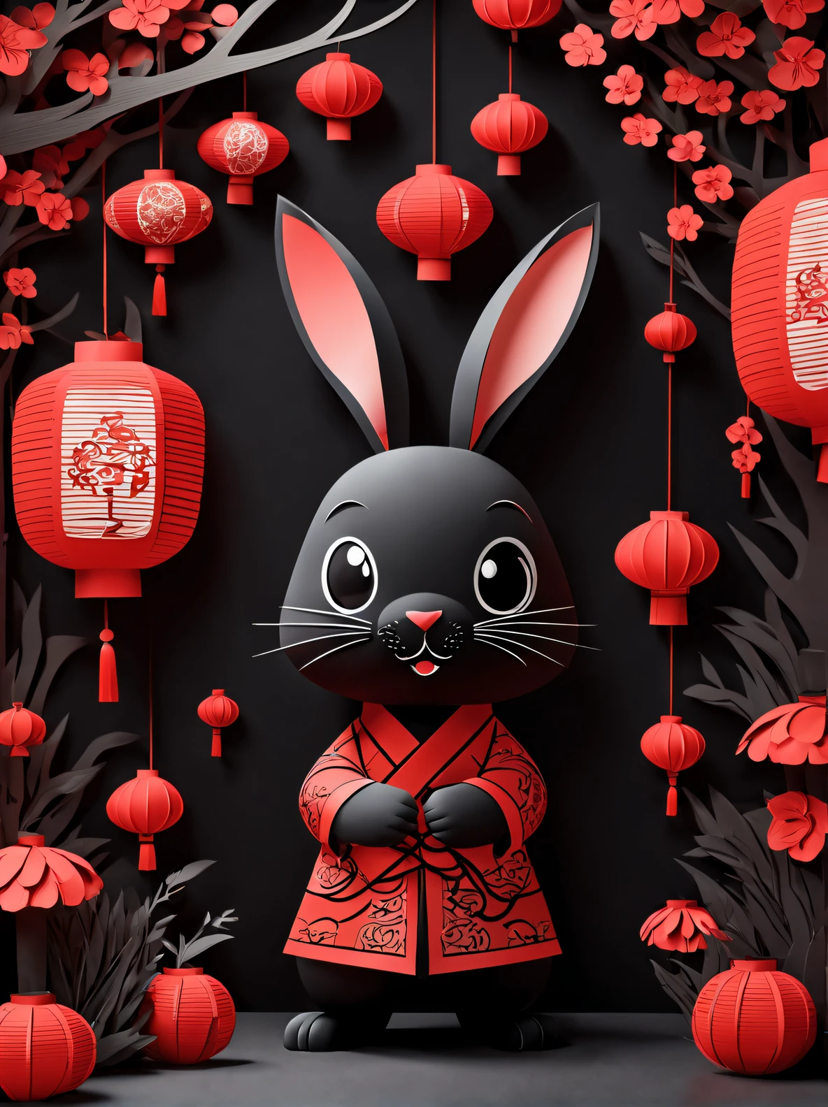 （Product design），（Item design），（Red lanterns,designs），Cute anthropomorphic rabbit-shaped red lantern, Background with：The color is black，3D paper,paper cut out,