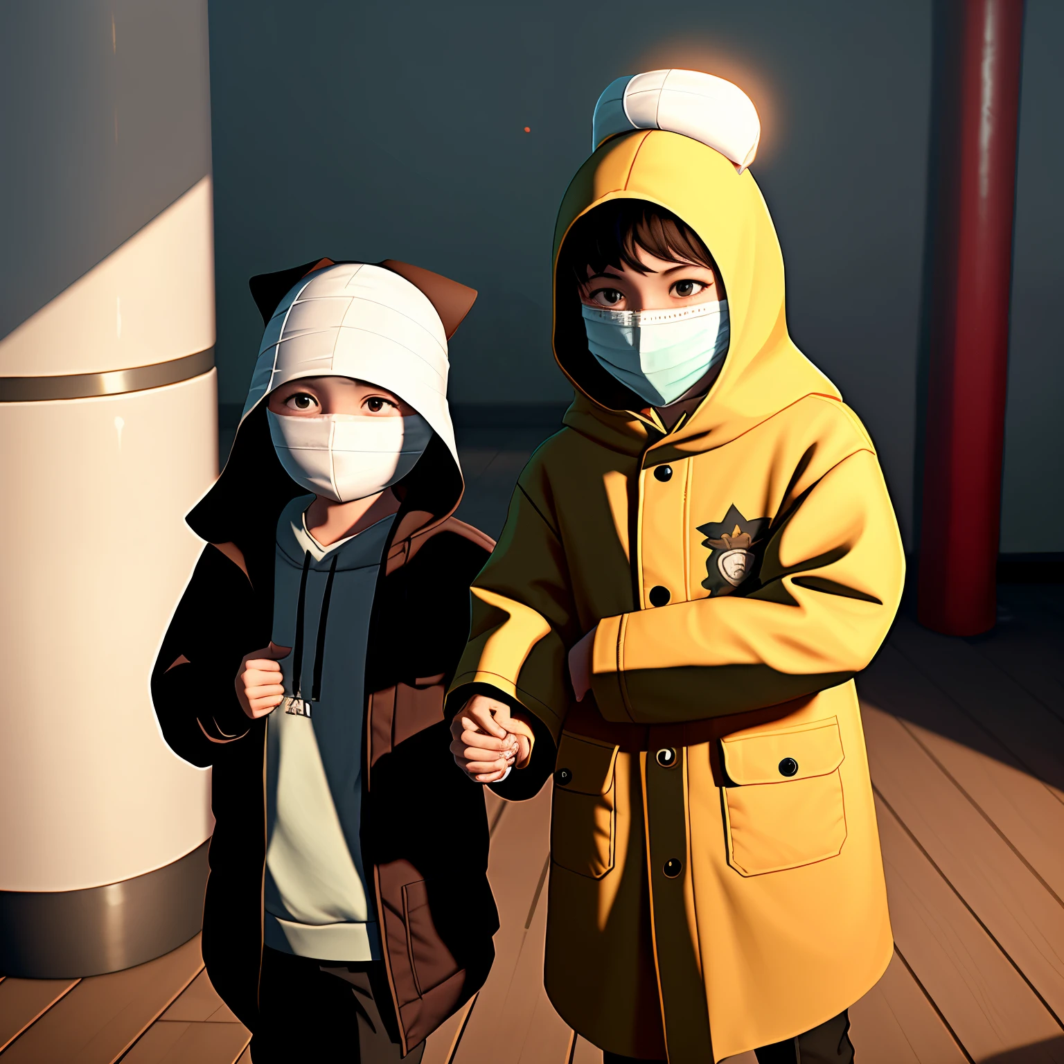 a boy wearing a cup on his head and covering his face, holding hands with another boy whose face is entirely wrapped in bandages, in little nightmares