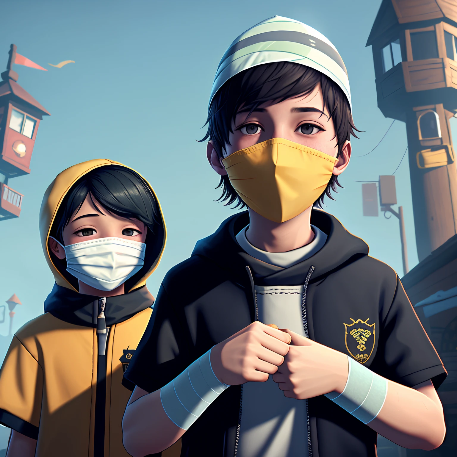 a boy wearing a cup on his head and covering his face, holding hands with another boy whose face is entirely wrapped in bandages, in little nightmares