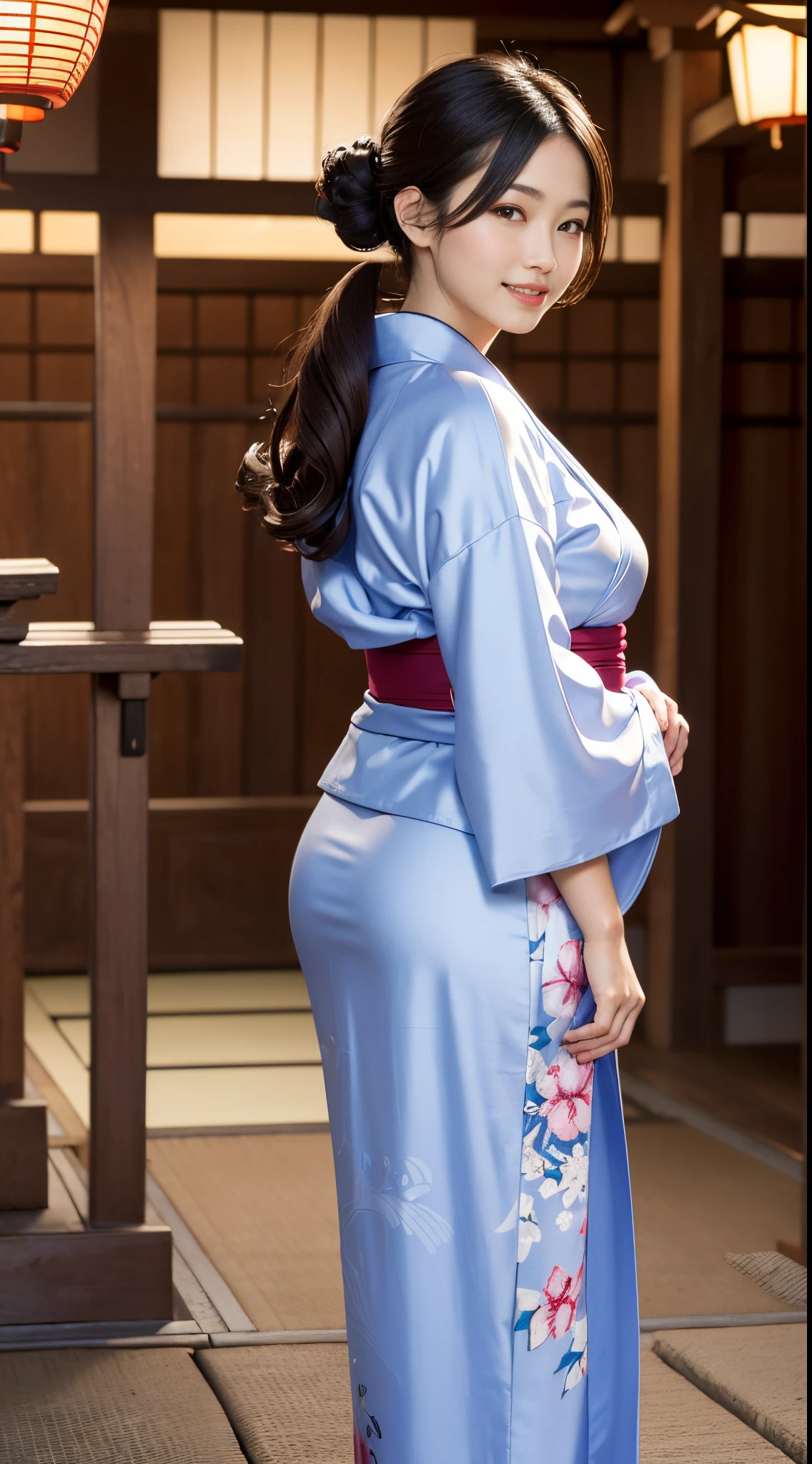 Best quality, masterpiece, ultra high res, in a japanese temple, (photorealistic:1.4), smiling, one beautiful woman,),((houmongi)), (yukata), geisya, samurai, Huge ass,Huge breasts, silk clothes, polite dress, beutiful kimono, wide camera, full body